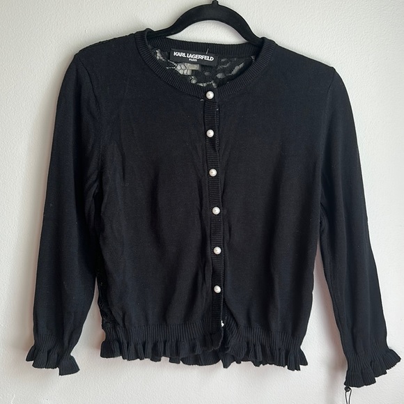 NWT Karl Lagerfield Black Lace Back Cardigan Sweater Size Small - Picture 3 of 11